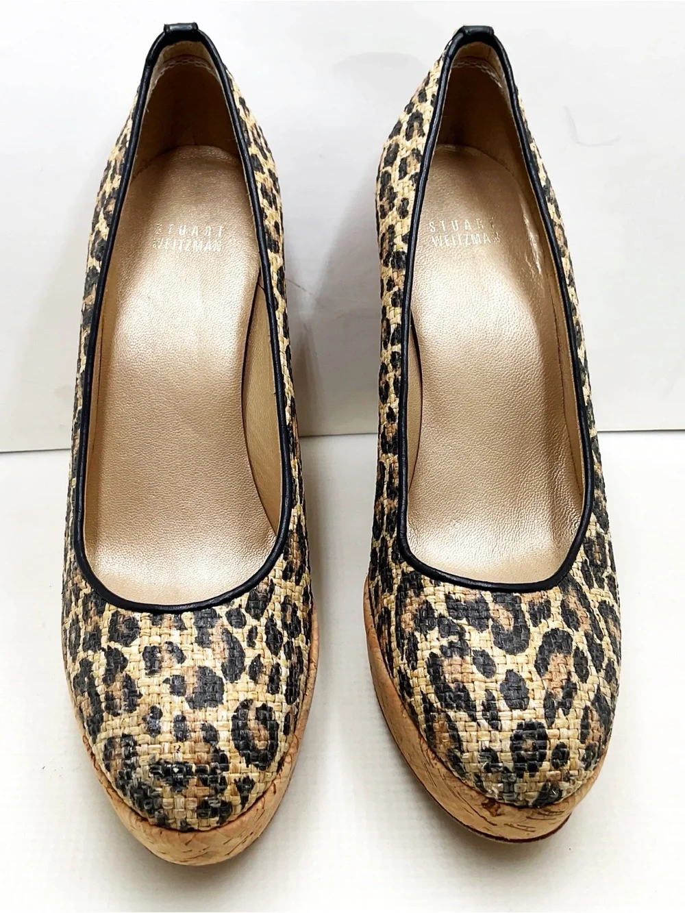 {Stuart Weitzman} Leopard-print Cork Wedge Raffia Platforms
